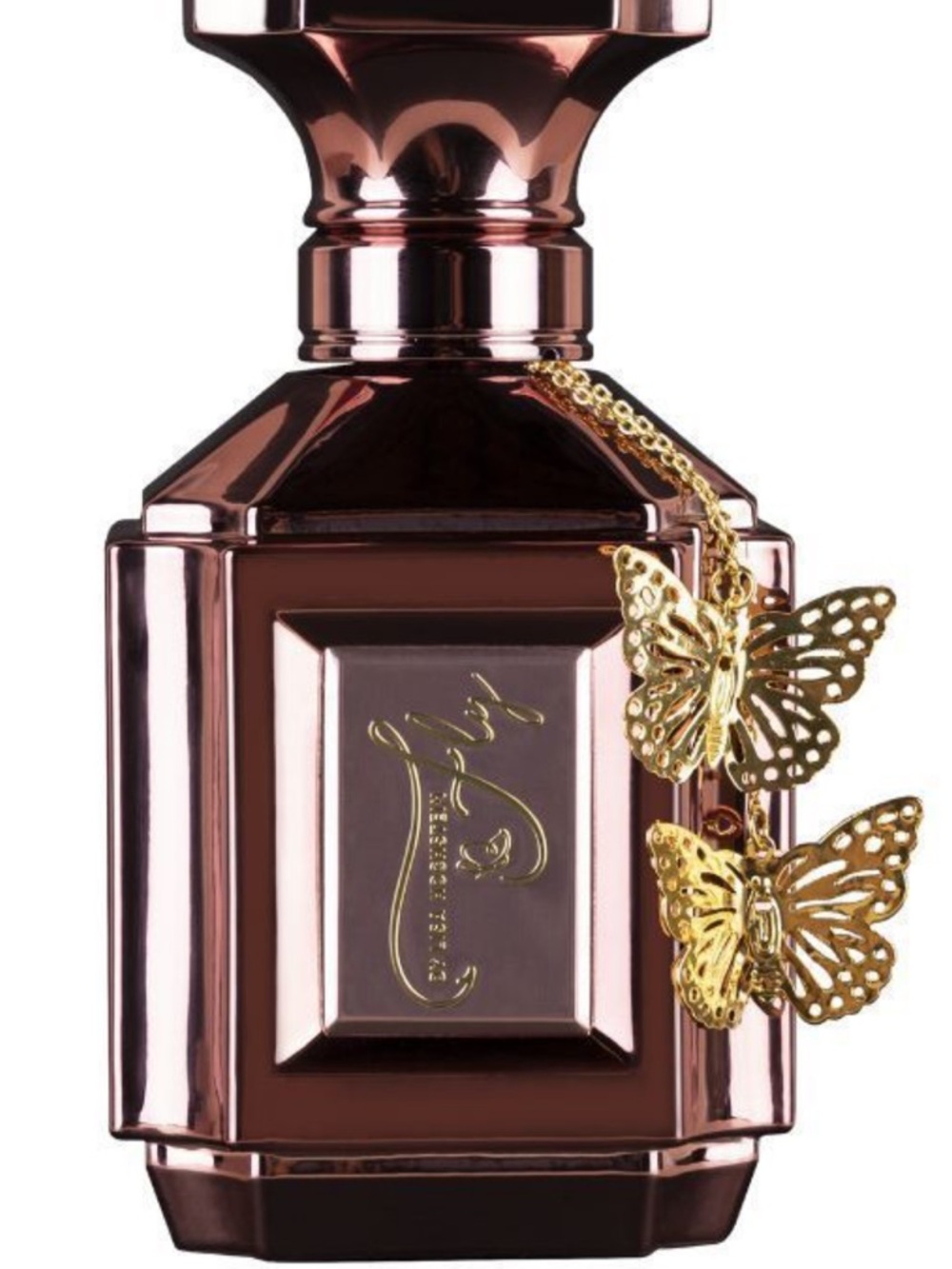 Fly by Lisa HochsteinLuxury Rose Gold Perfume Bottle with Gold Butterfly Accents